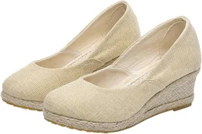 Canvas Espadrille Wedges Closed Toe Wedges for Women Wide Width Kamilla Wedge Espadrilles Sandal Pumps Low Chunky Rounded Toe Heels Elegant Wedges Working Shoes