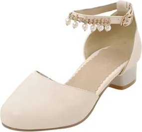 Girl's Low Heel Dress Pumps Mary Jane Dress Shoes Pearls Flower Girl Wedding Party Shoes Toddler Dress Shoes Girl