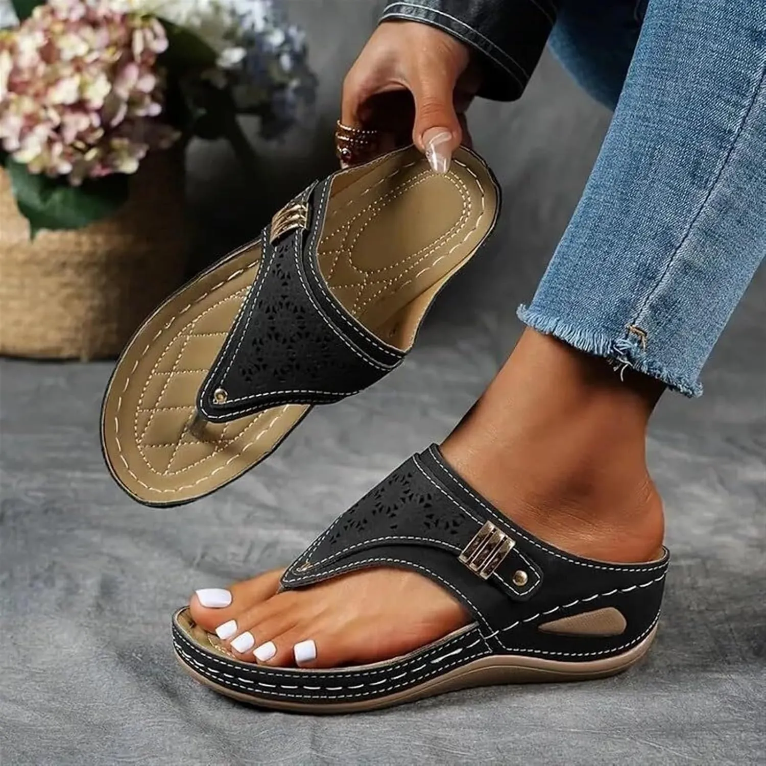 Kubbon Flip Flops for Women Open Toe Orthopedic Sandals Casual Diabetic Walking Sandals with Arch Supprot Comfortable Slippers Platform Wedge Sandles