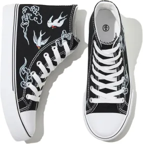 kufeiti Women's High Top Canvas Sneakers Canvas Shoes Lace up White Black Sneakers Casual Walking Shoes