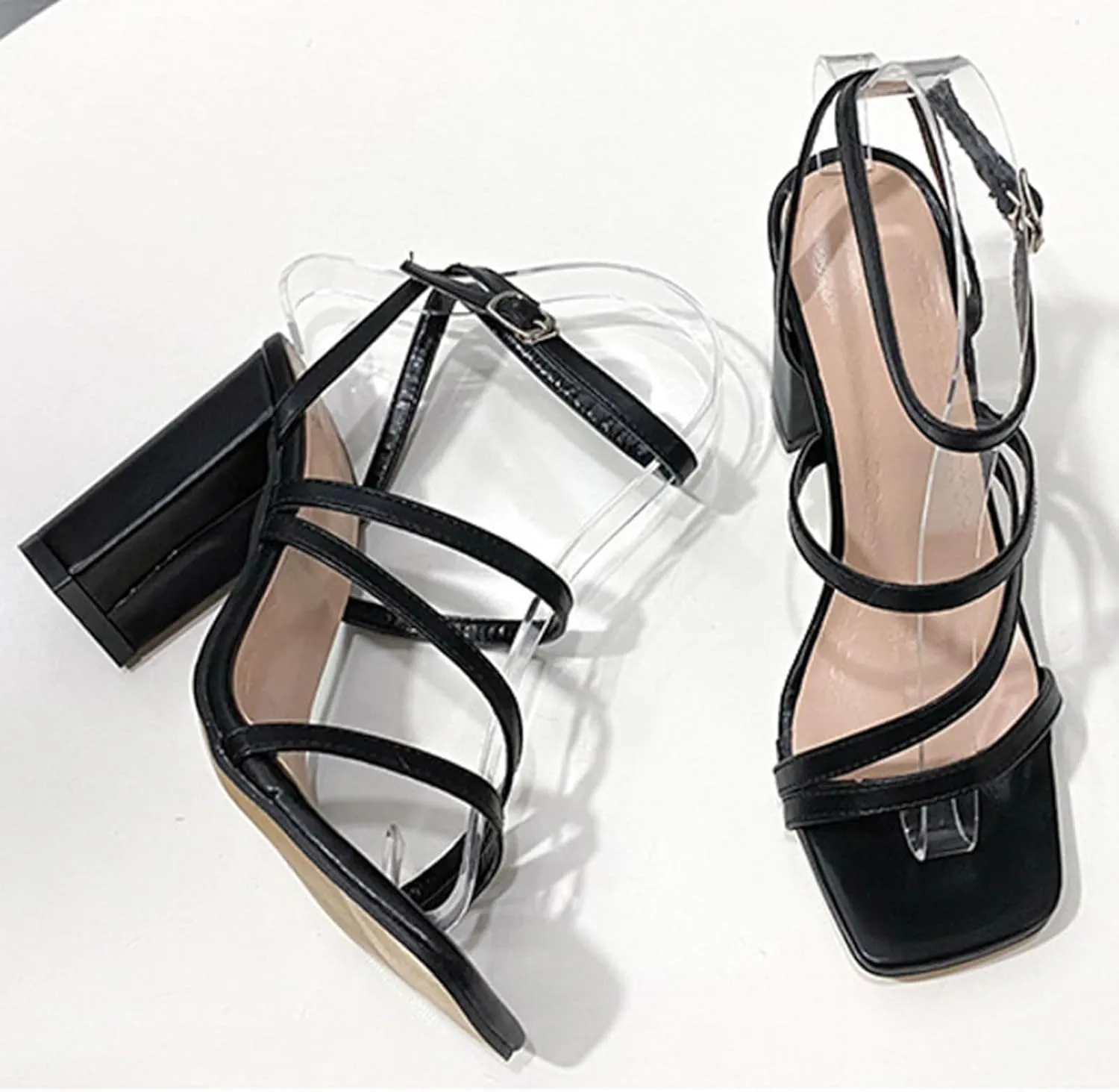 Strappy Heels for Women Square Toe Open Toe Ankle Strap High Heel Sandals Fashionable Comfortable Classic Plus Size Chunky Heel Sandals for Summer Spring Working Ourdoor Wedding