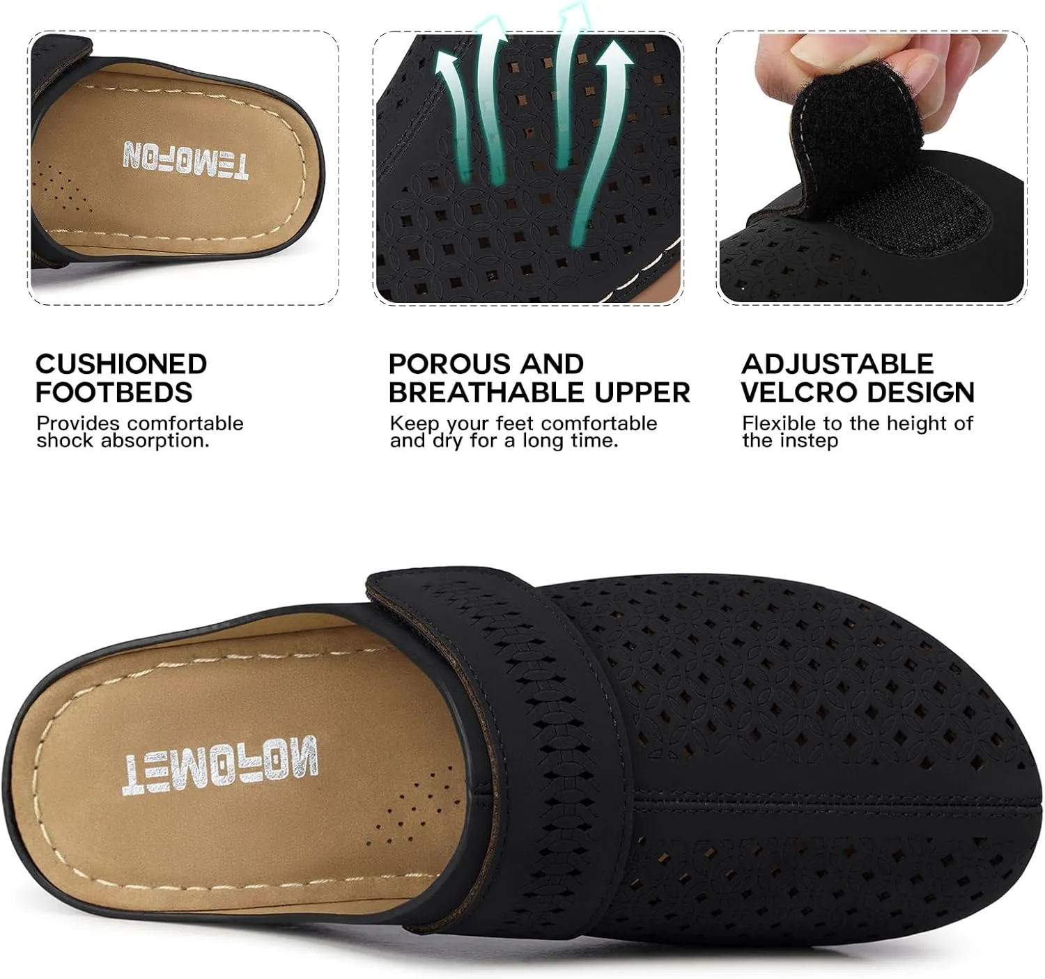 TEMOFON Mules for Women Slip on Sandals: Comfortable Clogs with Arch Support Leather Flats Closed Toe Sandals Shoes