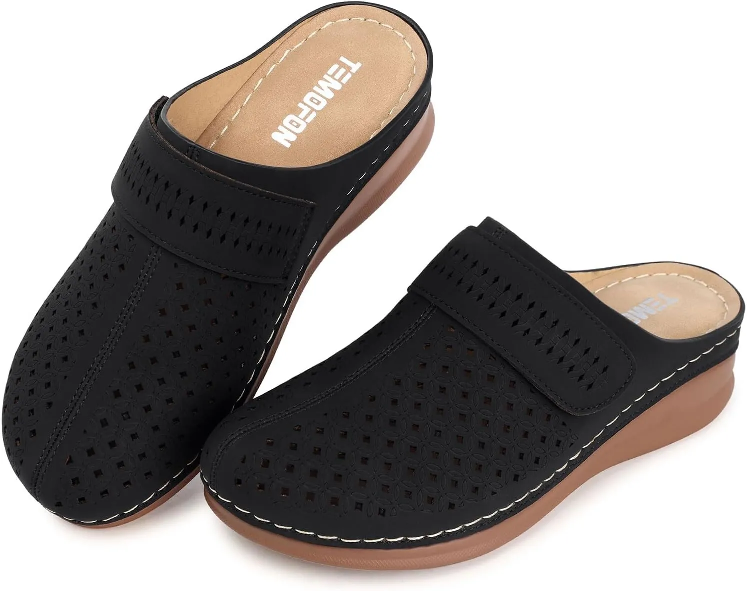 TEMOFON Mules for Women Slip on Sandals: Comfortable Clogs with Arch Support Leather Flats Closed Toe Sandals Shoes