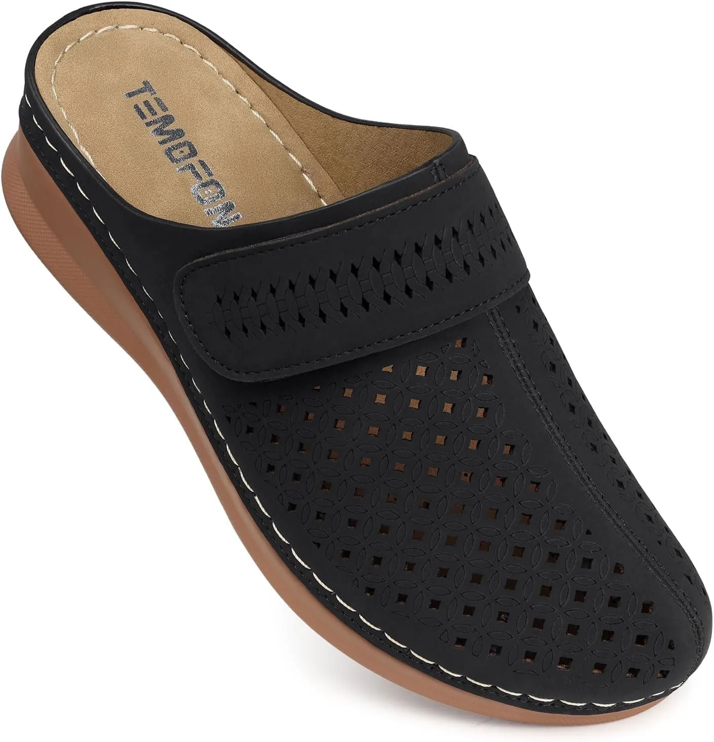 TEMOFON Mules for Women Slip on Sandals: Comfortable Clogs with Arch Support Leather Flats Closed Toe Sandals Shoes