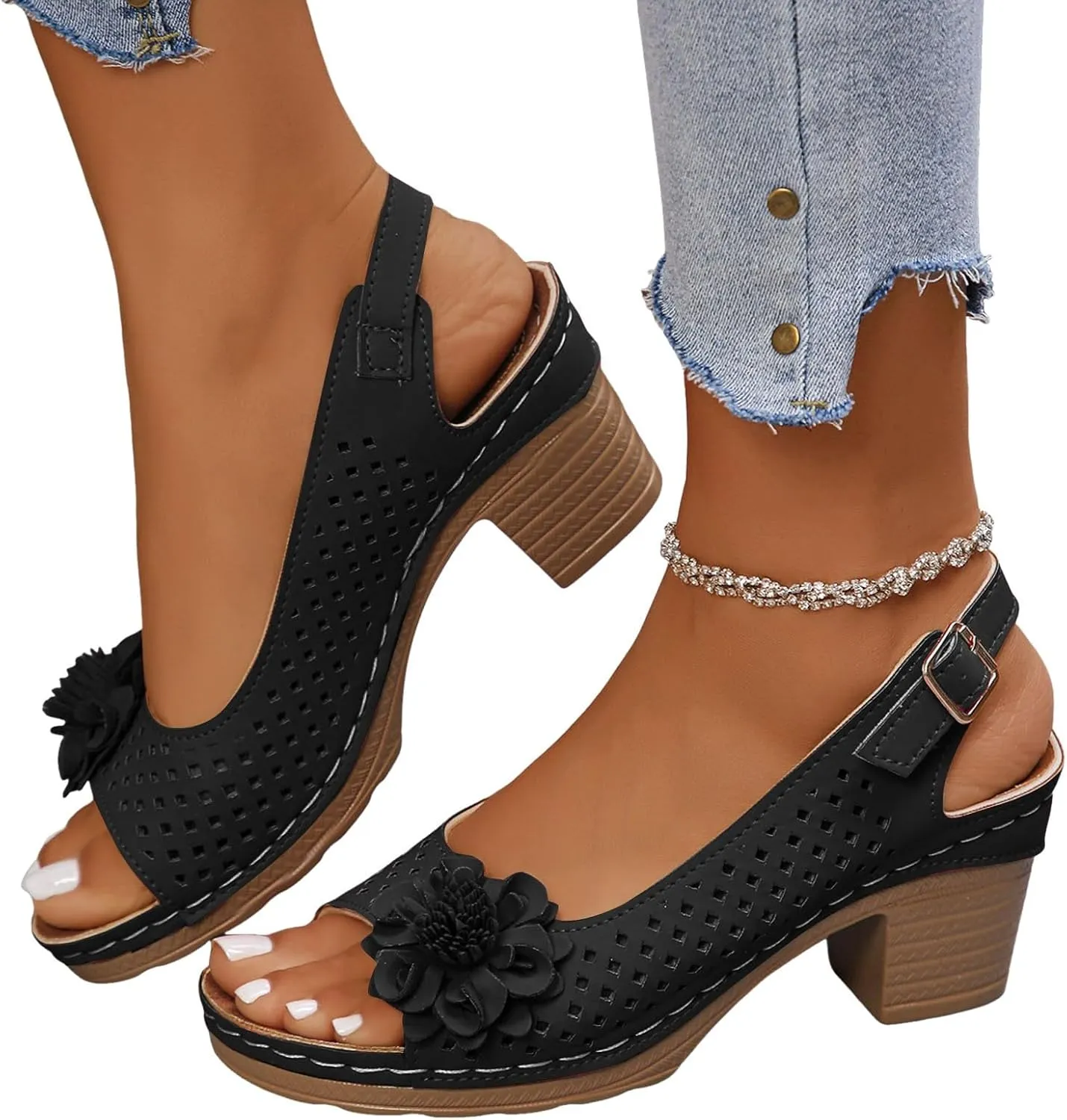 Womens Open Toe Ankle Strap Chunky High Heels Sandals Shoes 2025 Summer Casual Solid Color Hollow Out Floral Decor Sandals Stylish Lightweight Platform Wedge Sandal Summer Fashion Footwear