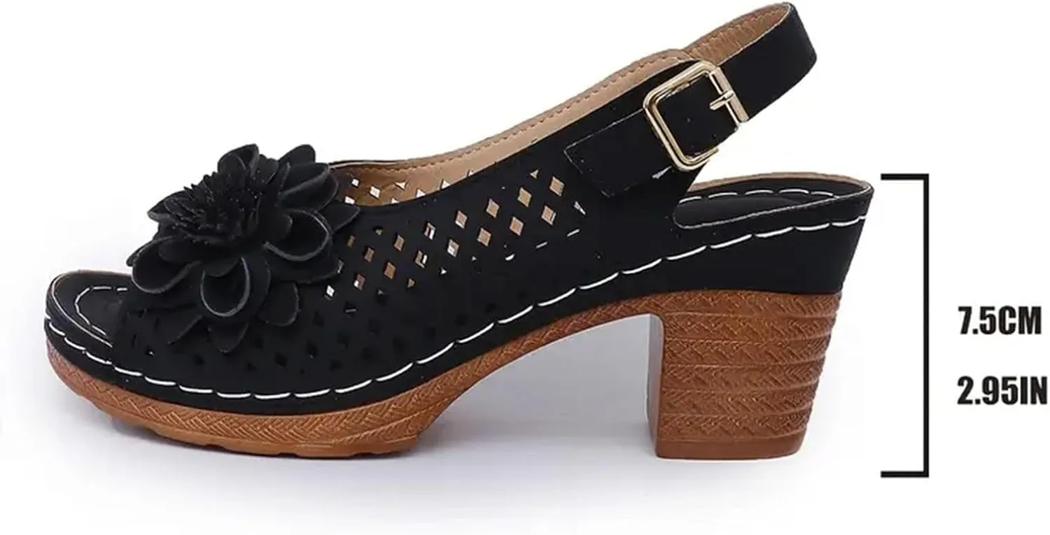 Womens Open Toe Ankle Strap Chunky High Heels Sandals Shoes 2025 Summer Casual Solid Color Hollow Out Floral Decor Sandals Stylish Lightweight Platform Wedge Sandal Summer Fashion Footwear