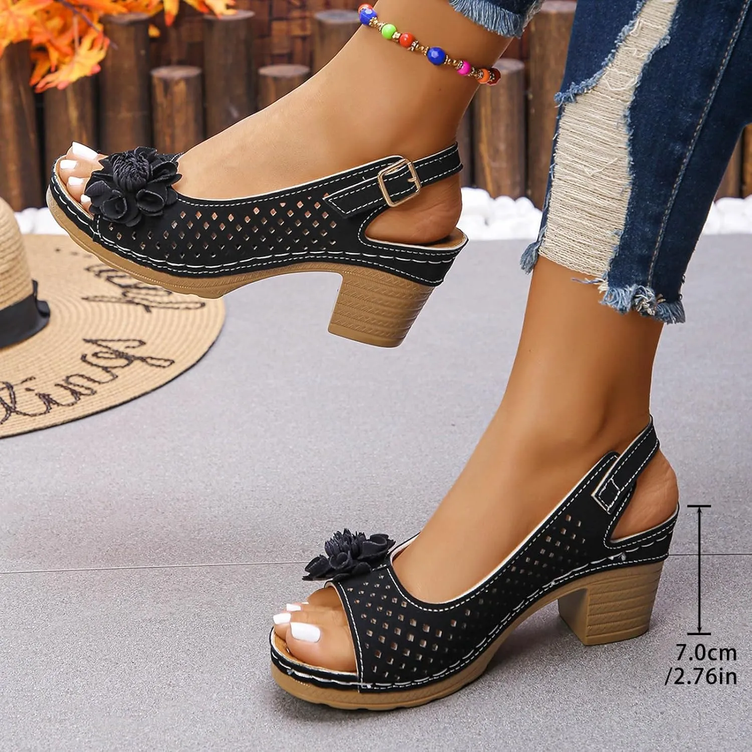Womens Open Toe Ankle Strap Chunky High Heels Sandals Shoes 2025 Summer Casual Solid Color Hollow Out Floral Decor Sandals Stylish Lightweight Platform Wedge Sandal Summer Fashion Footwear