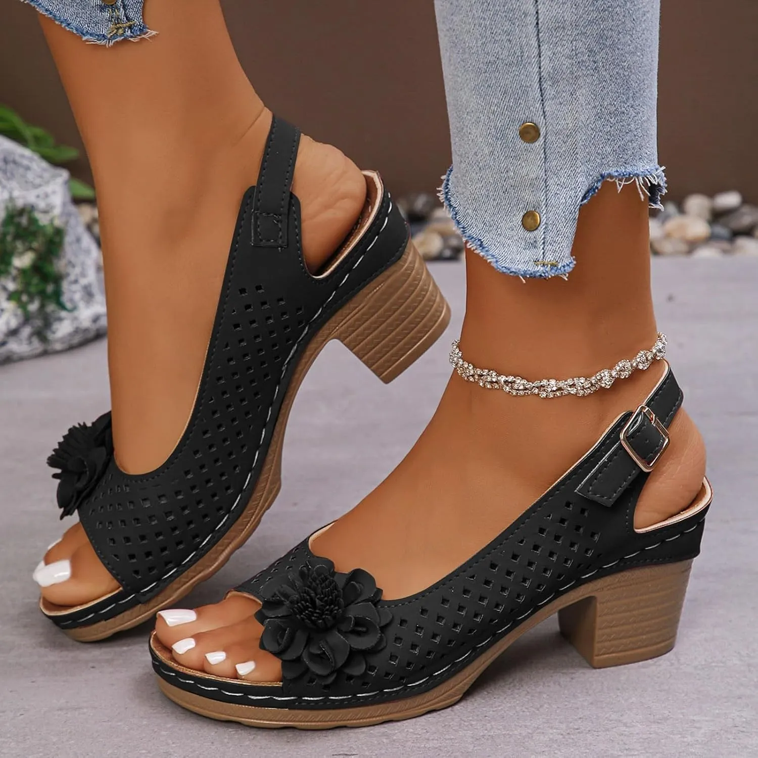 Womens Open Toe Ankle Strap Chunky High Heels Sandals Shoes 2025 Summer Casual Solid Color Hollow Out Floral Decor Sandals Stylish Lightweight Platform Wedge Sandal Summer Fashion Footwear