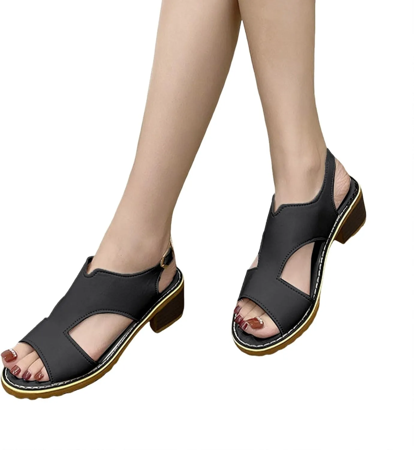 Women's Summer Fashion Chunky Heeled Sandals 2025 Open Toe Side Hollow Out Thick Heel Wedge Shoes Wide Width Low Heel Wedding Party Dress Shoes
